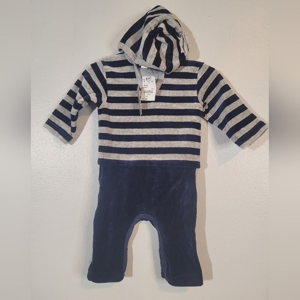 Striped hooded baby set. Gray and blue. Size 3 months. NWT.